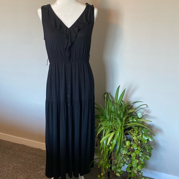 Gap Tiered maxi dress Sz LP petite Black Modal jersey button down pockets FLAW - Picture 1 of 8